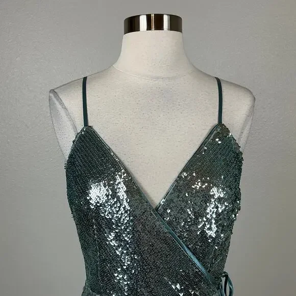 Aidan Mattox Sequined Wrap Evening Gown Size 8 Sparkly Green-Blue Formal Dress - Picture 8 of 13